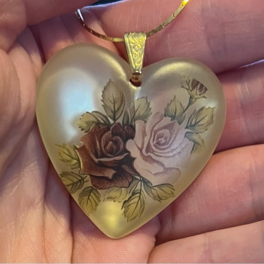 Vintage Hand Painted Heart Necklace, Pendant almost 2 inches tall